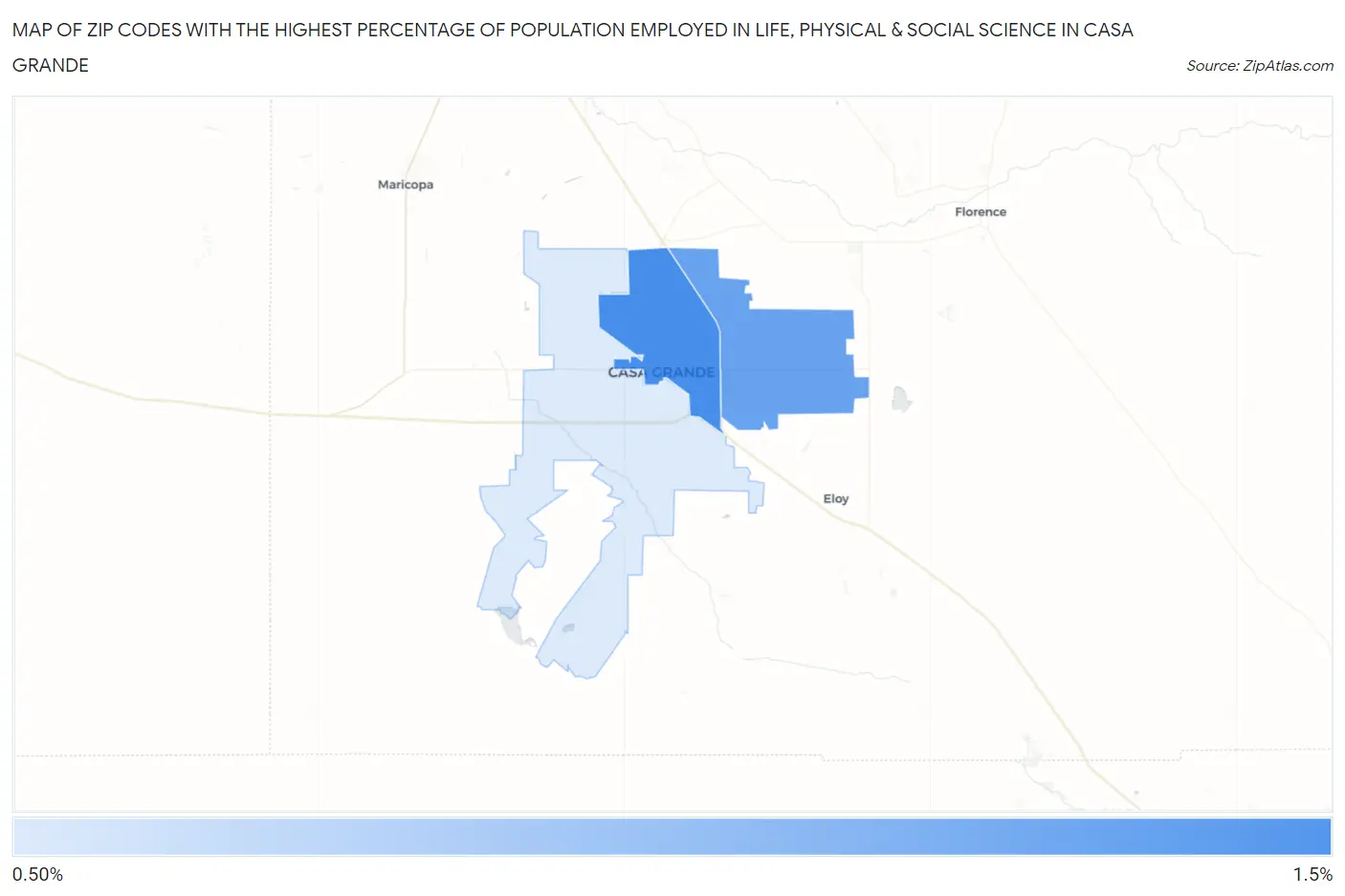 Zip Codes with the Highest Percentage of Population Employed in Life, Physical & Social Science in Casa Grande Map