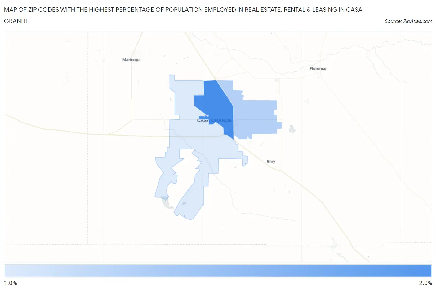 Zip Codes with the Highest Percentage of Population Employed in Real Estate, Rental & Leasing in Casa Grande Map