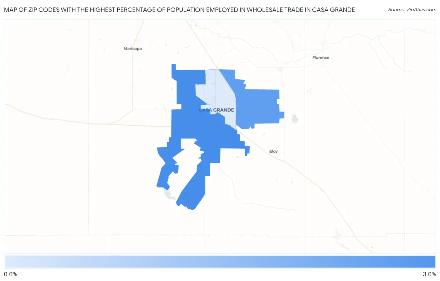 Zip Codes with the Highest Percentage of Population Employed in Wholesale Trade in Casa Grande Map