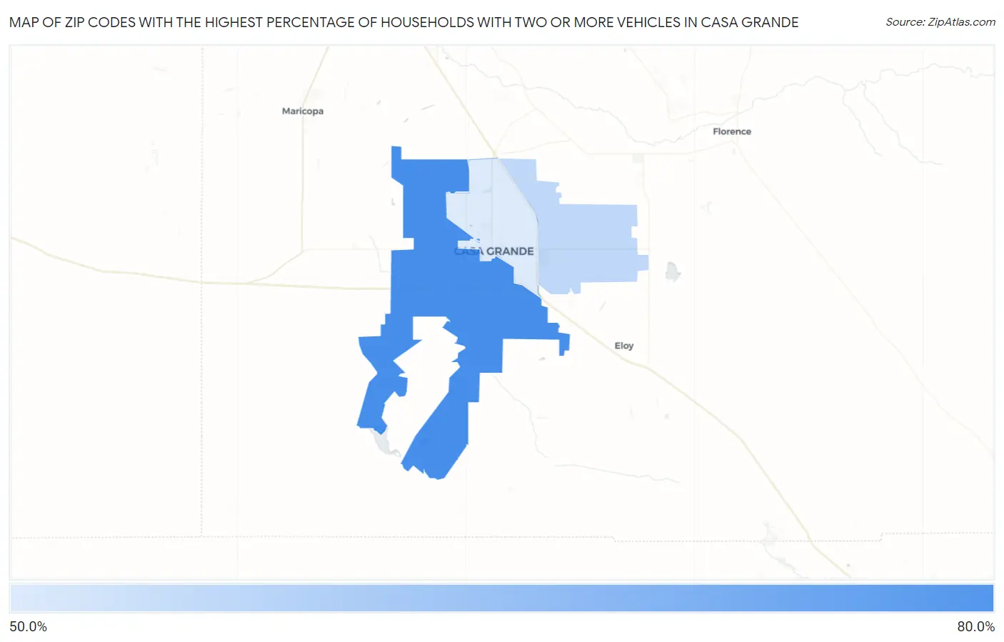 Zip Codes with the Highest Percentage of Households With Two or more Vehicles in Casa Grande Map