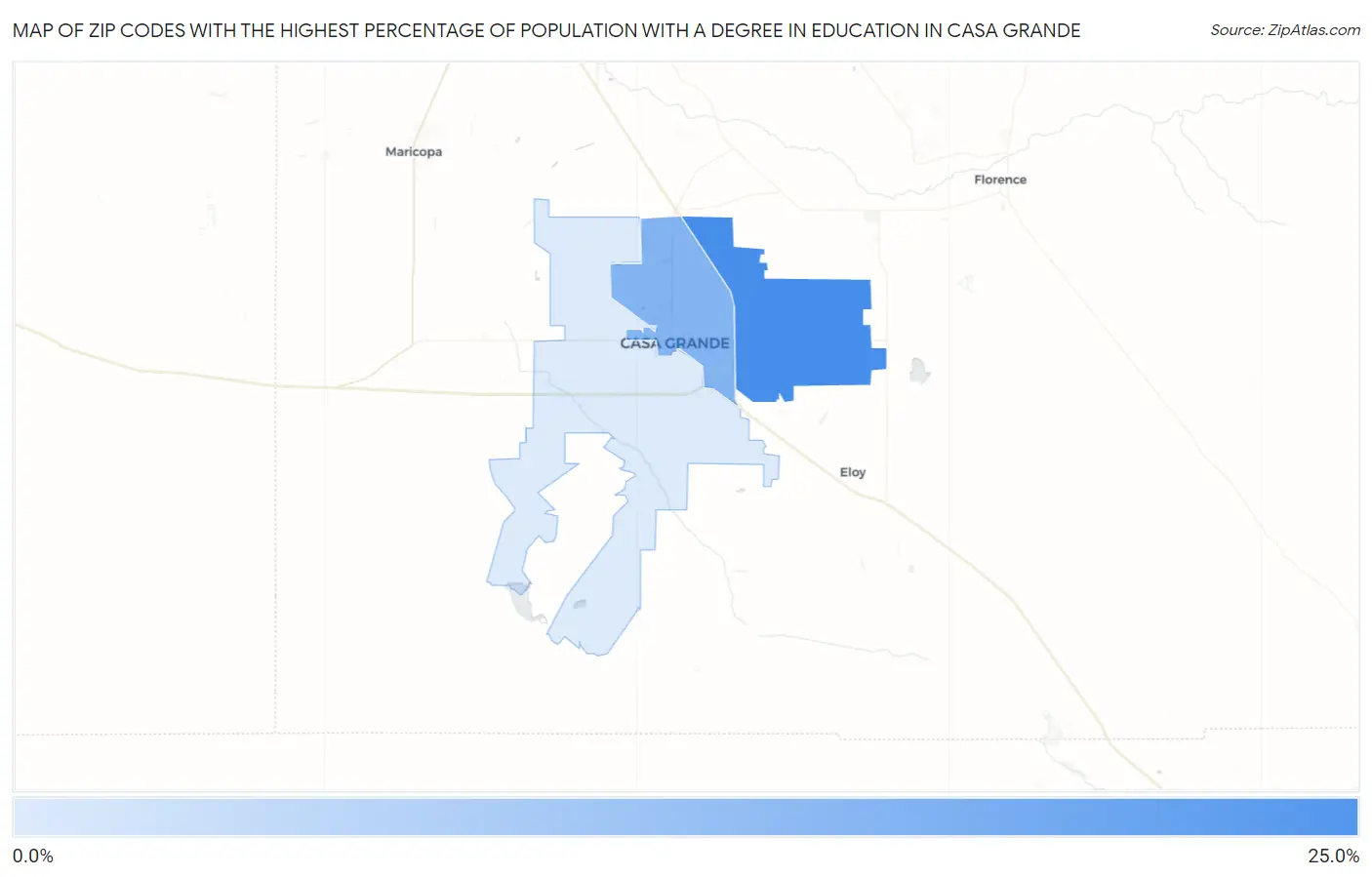 Zip Codes with the Highest Percentage of Population with a Degree in Education in Casa Grande Map