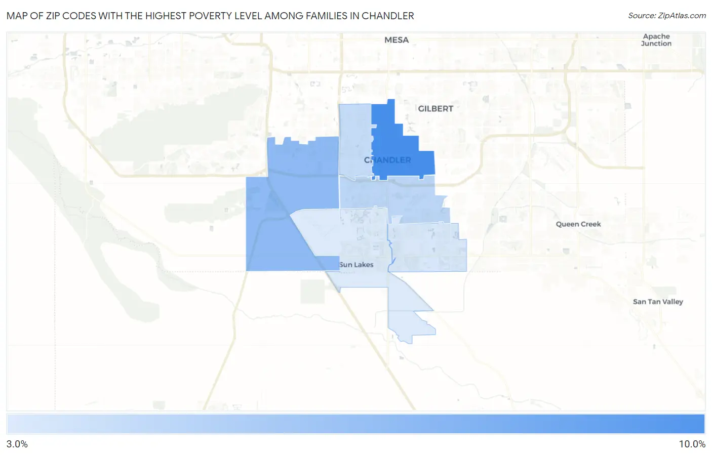 Zip Codes with the Highest Poverty Level Among Families in Chandler Map
