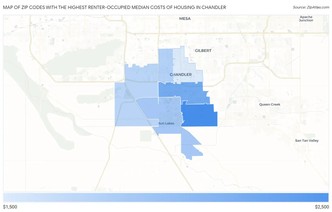 Zip Codes with the Highest Renter-Occupied Median Costs of Housing in Chandler Map