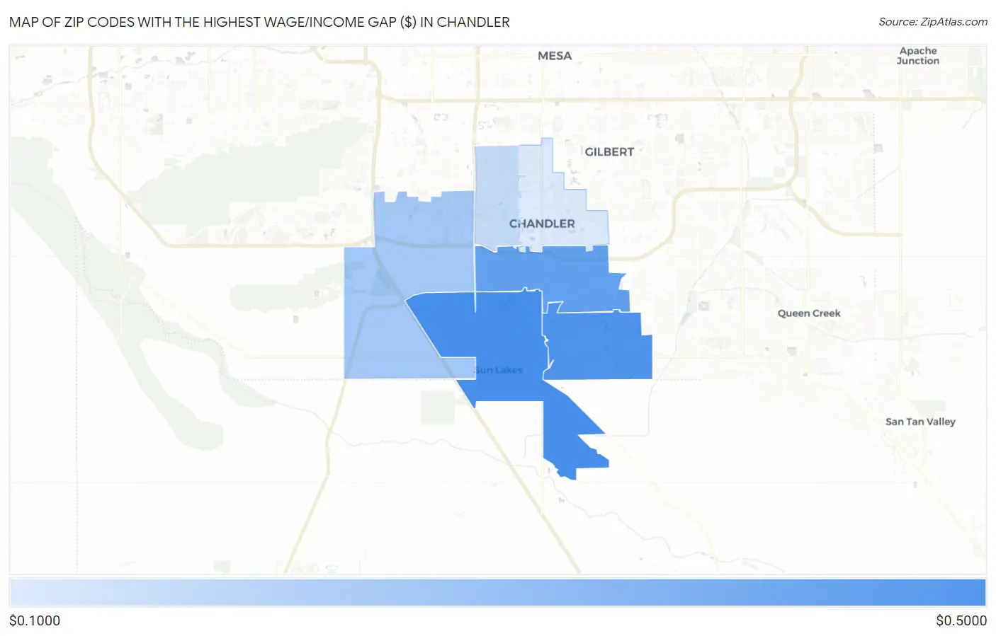Zip Codes with the Highest Wage/Income Gap ($) in Chandler Map