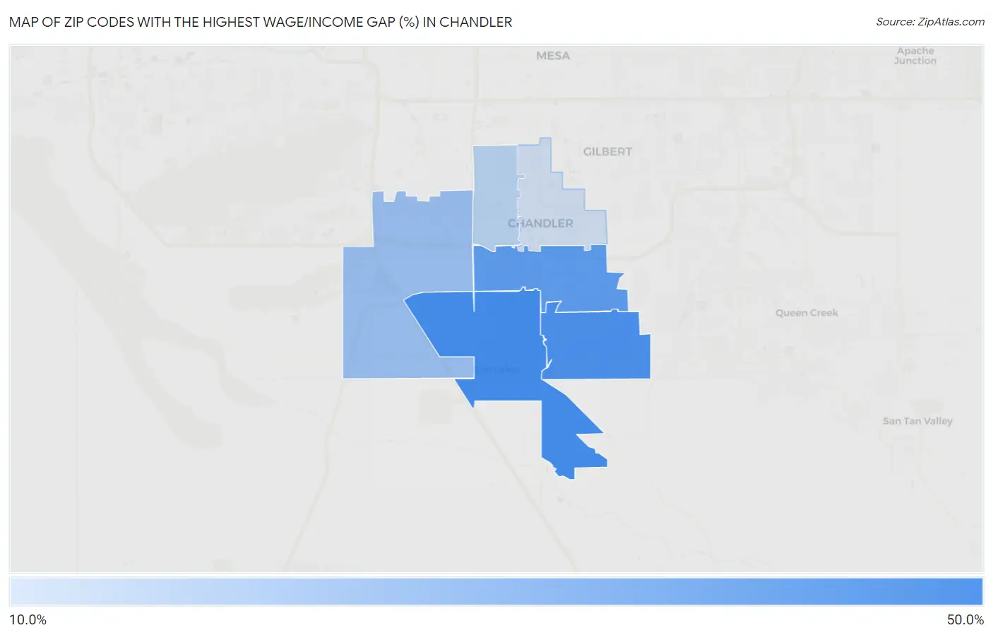 Zip Codes with the Highest Wage/Income Gap (%) in Chandler Map