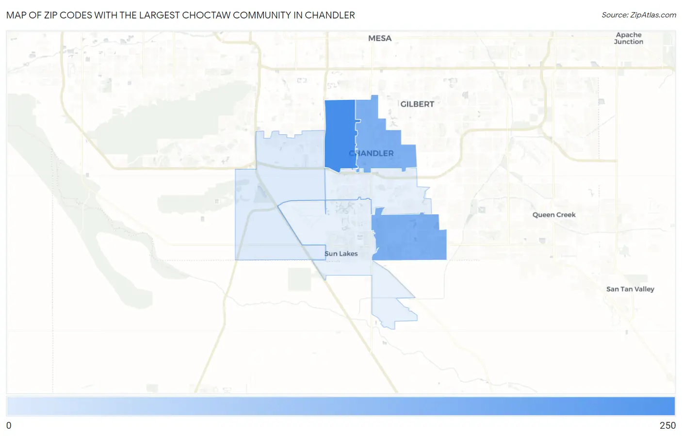 Zip Codes with the Largest Choctaw Community in Chandler Map