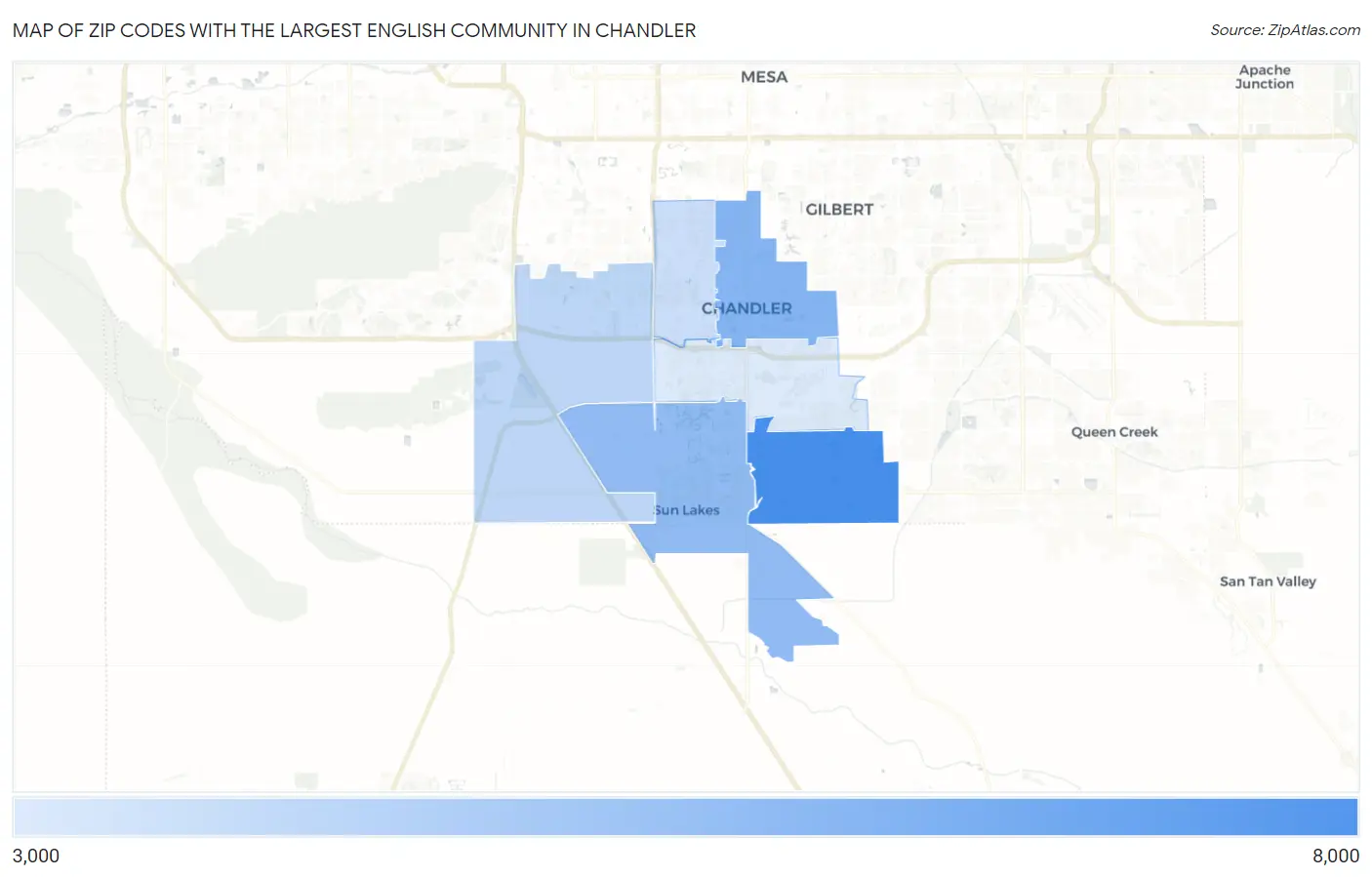 Zip Codes with the Largest English Community in Chandler Map