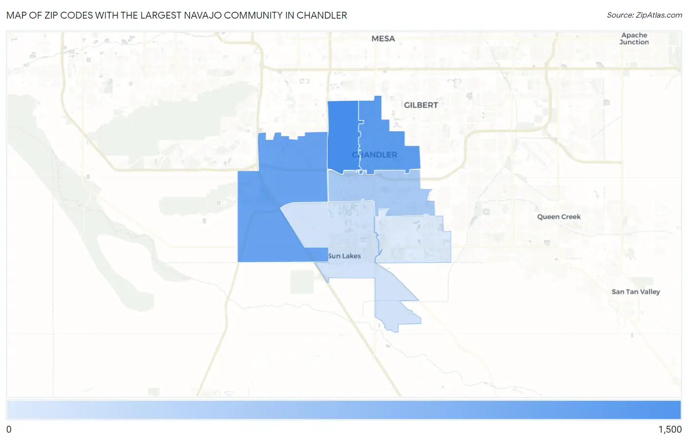 Zip Codes with the Largest Navajo Community in Chandler Map