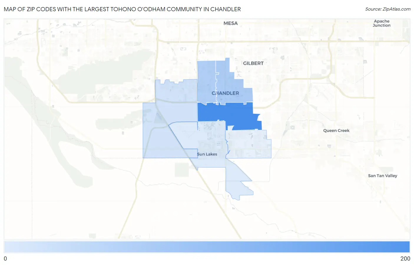 Zip Codes with the Largest Tohono O'Odham Community in Chandler Map