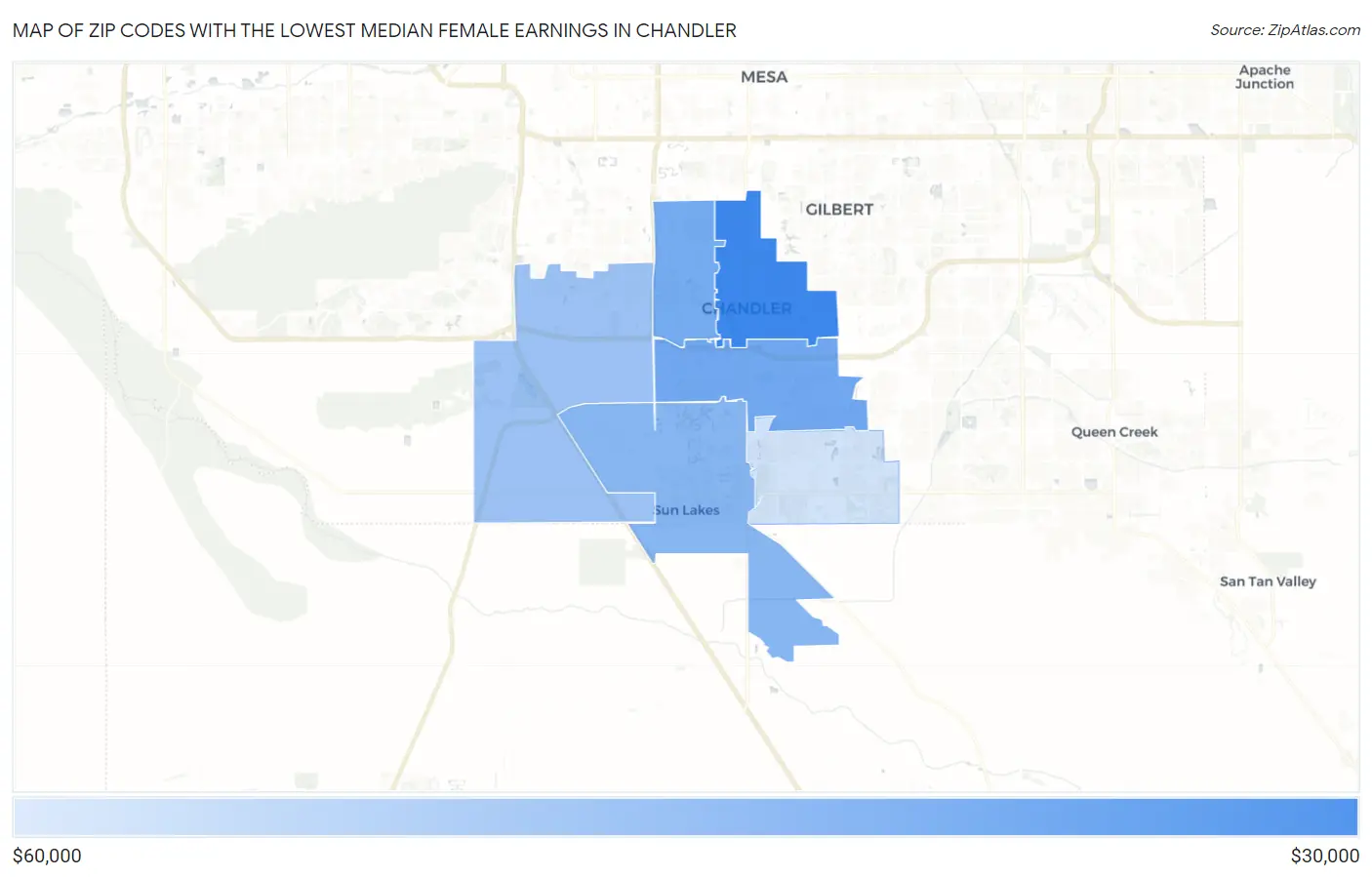 Zip Codes with the Lowest Median Female Earnings in Chandler Map
