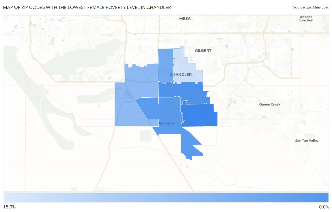 Zip Codes with the Lowest Female Poverty Level in Chandler Map