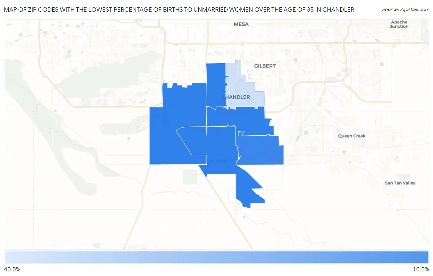 Zip Codes with the Lowest Percentage of Births to Unmarried Women over the Age of 35 in Chandler Map