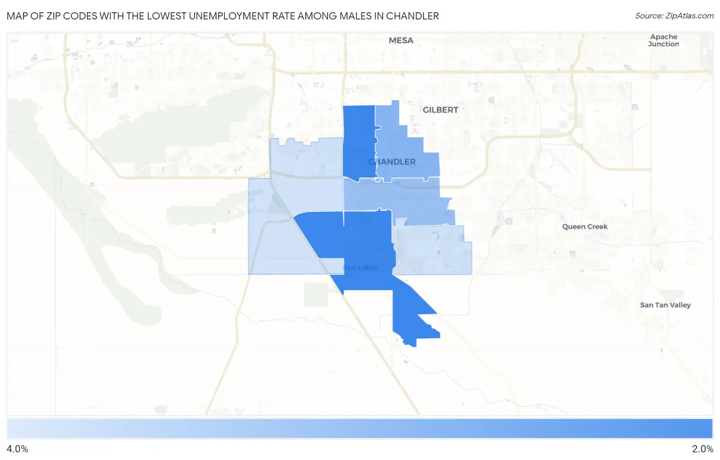 Zip Codes with the Lowest Unemployment Rate Among Males in Chandler Map