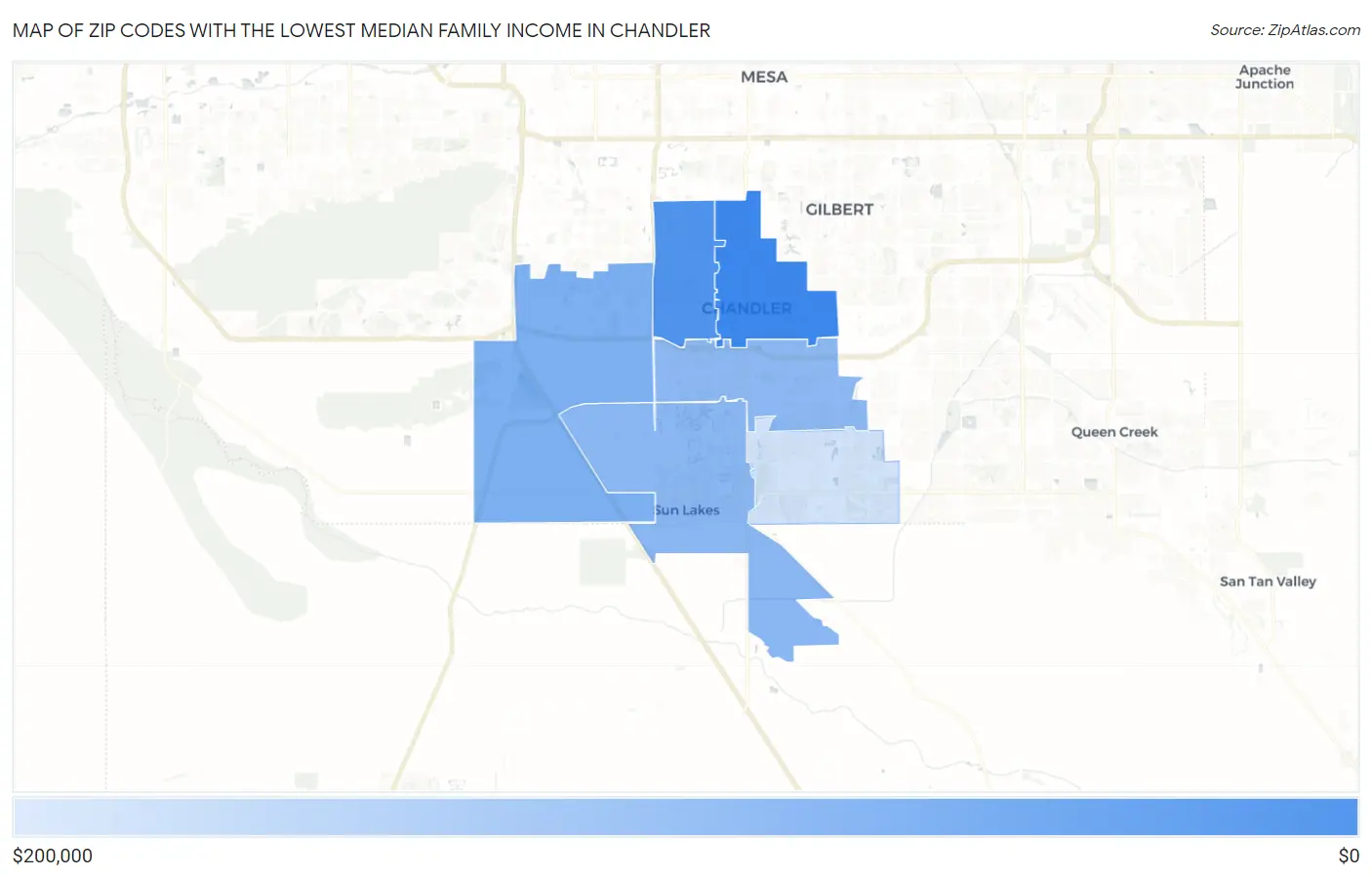 Zip Codes with the Lowest Median Family Income in Chandler Map