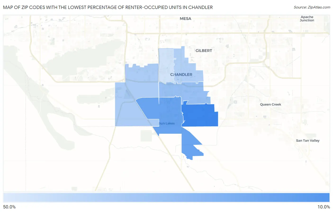 Zip Codes with the Lowest Percentage of Renter-Occupied Units in Chandler Map