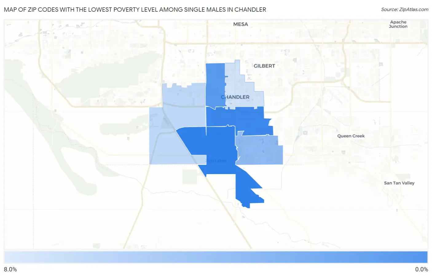 Zip Codes with the Lowest Poverty Level Among Single Males in Chandler Map
