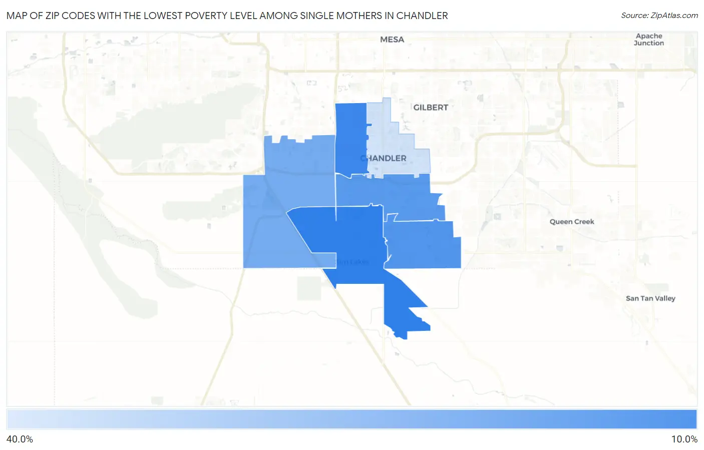 Zip Codes with the Lowest Poverty Level Among Single Mothers in Chandler Map