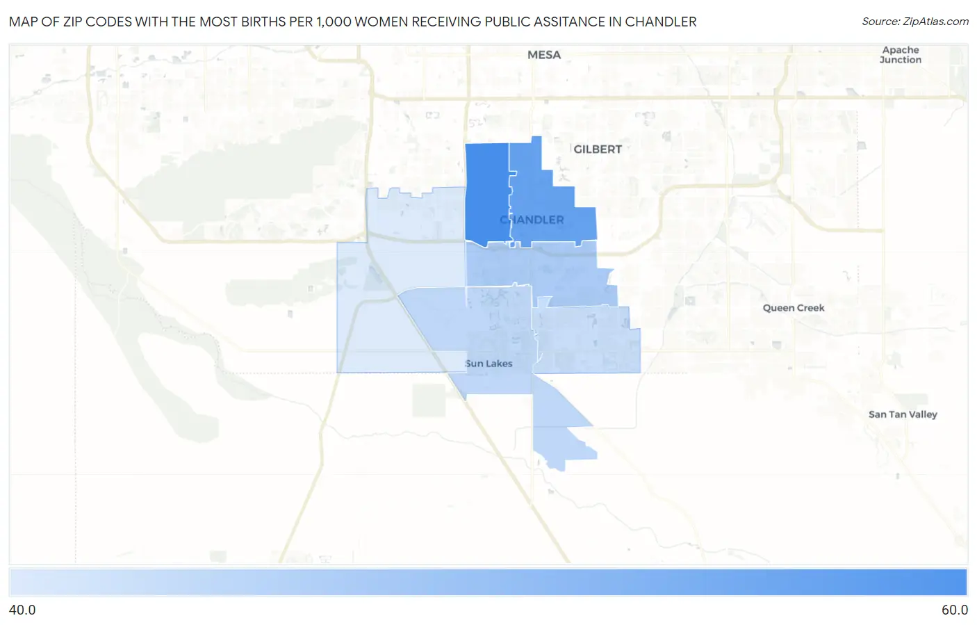 Zip Codes with the Most Births per 1,000 Women Receiving Public Assitance in Chandler Map