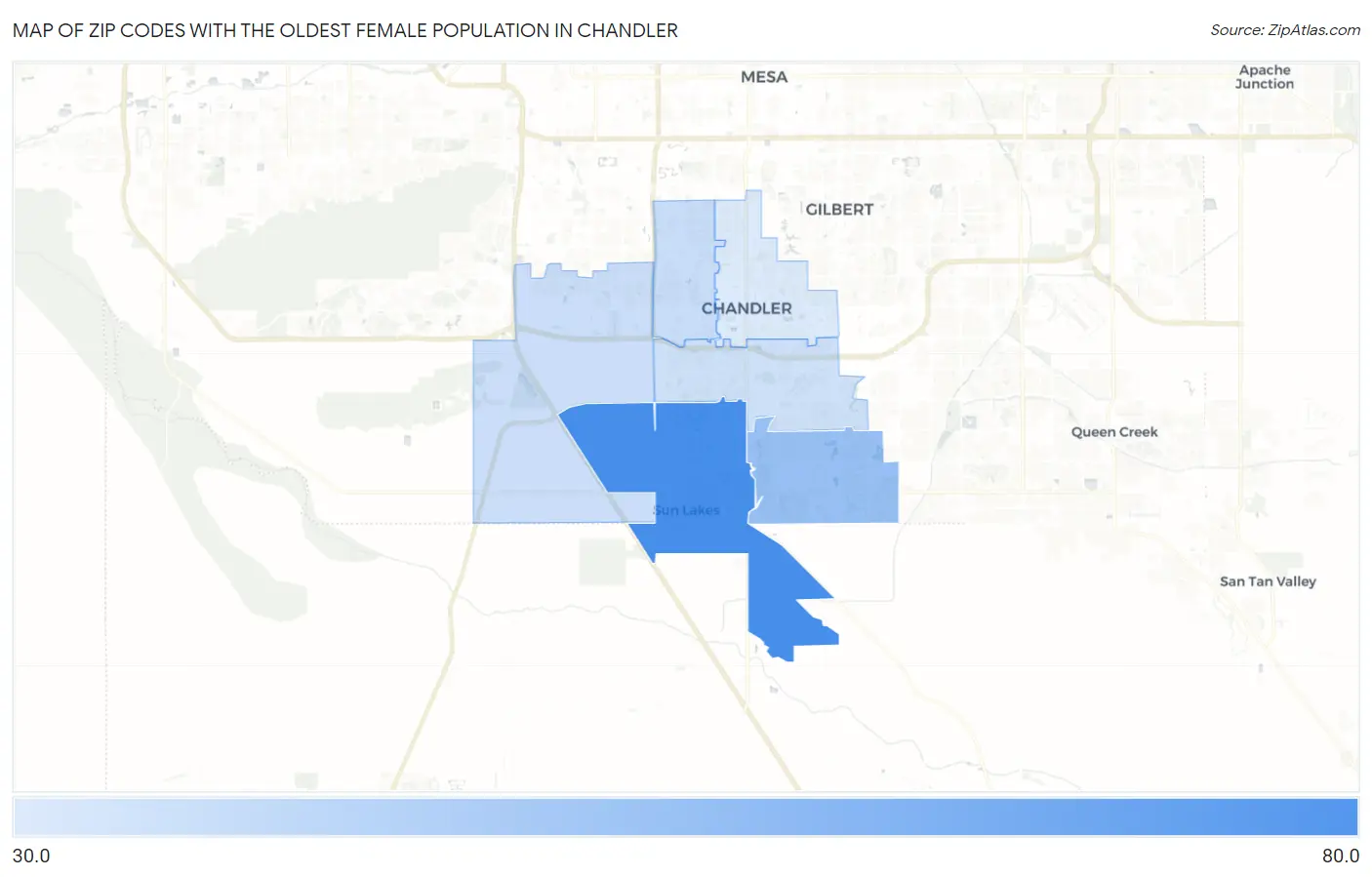 Zip Codes with the Oldest Female Population in Chandler Map