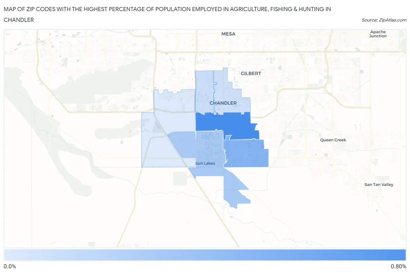 Zip Codes with the Highest Percentage of Population Employed in Agriculture, Fishing & Hunting in Chandler Map