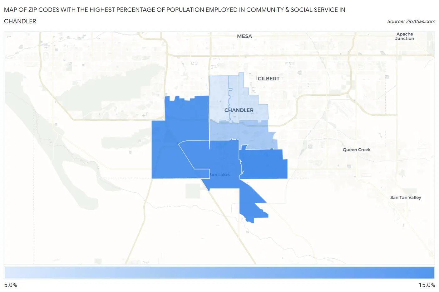Zip Codes with the Highest Percentage of Population Employed in Community & Social Service  in Chandler Map