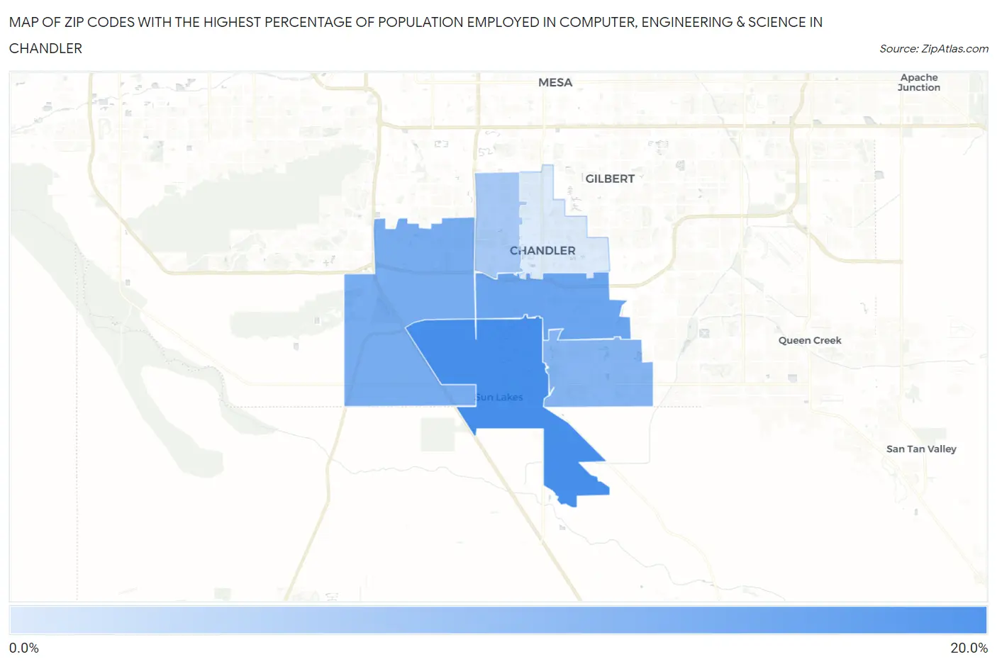 Zip Codes with the Highest Percentage of Population Employed in Computer, Engineering & Science in Chandler Map