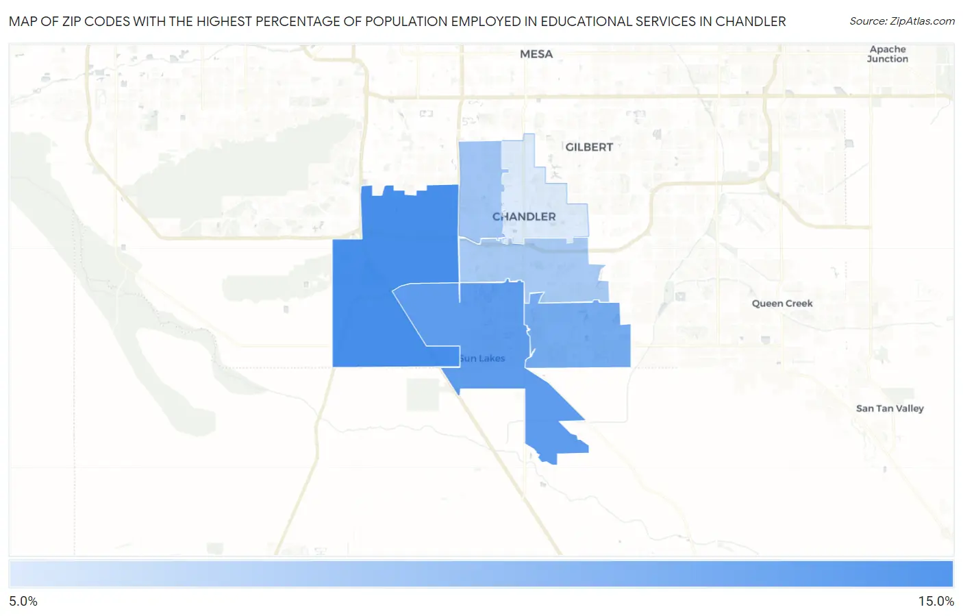 Zip Codes with the Highest Percentage of Population Employed in Educational Services in Chandler Map