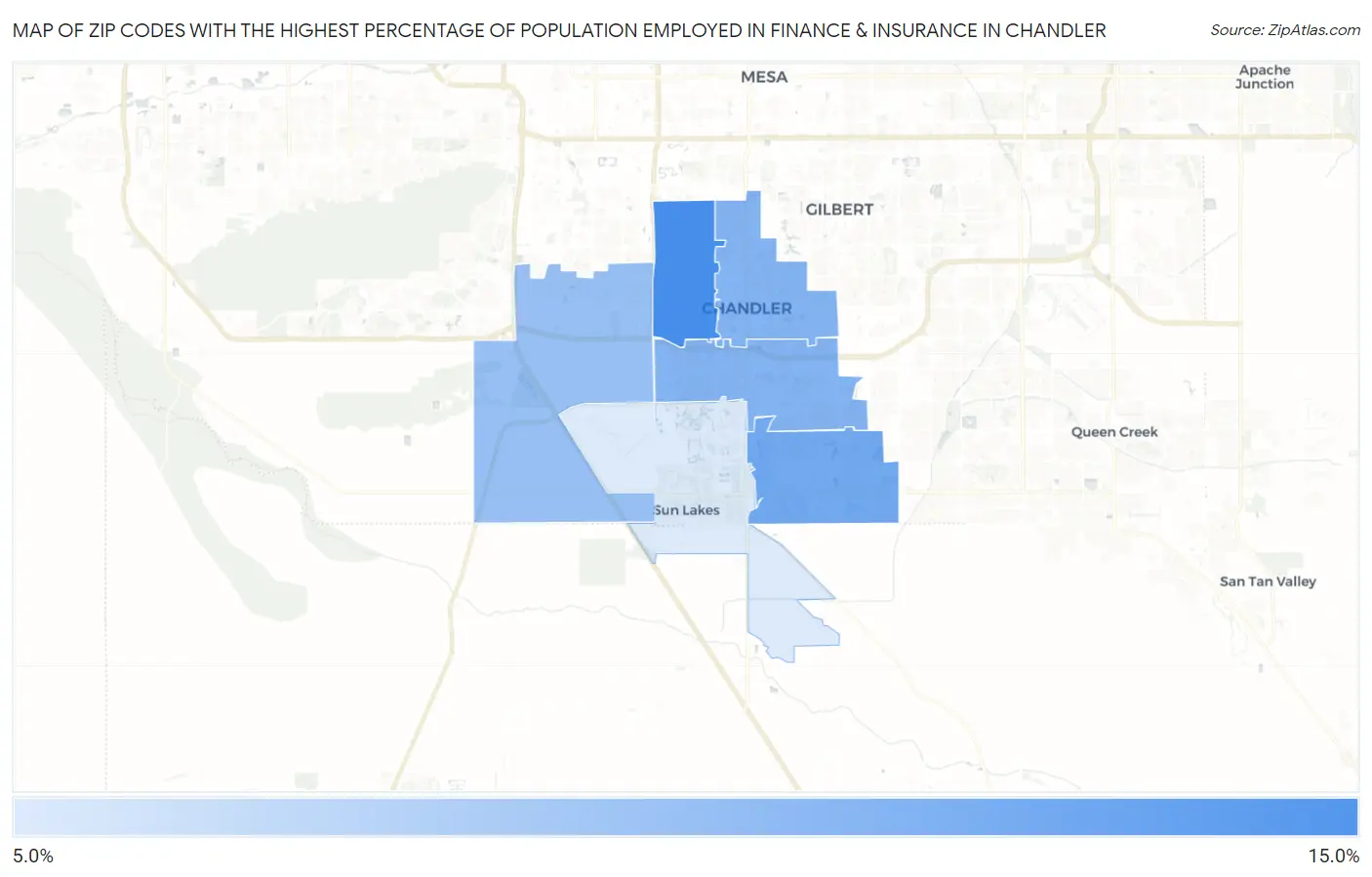 Zip Codes with the Highest Percentage of Population Employed in Finance & Insurance in Chandler Map