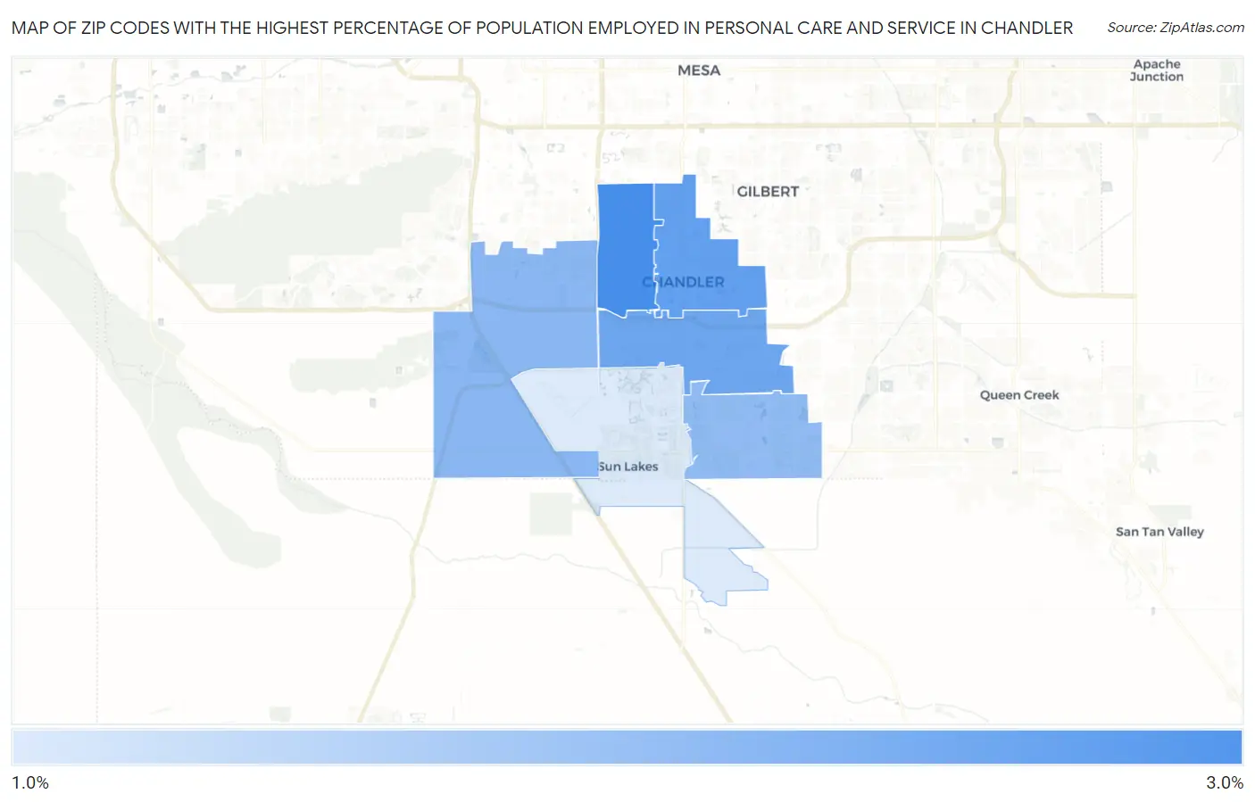 Zip Codes with the Highest Percentage of Population Employed in Personal Care and Service in Chandler Map