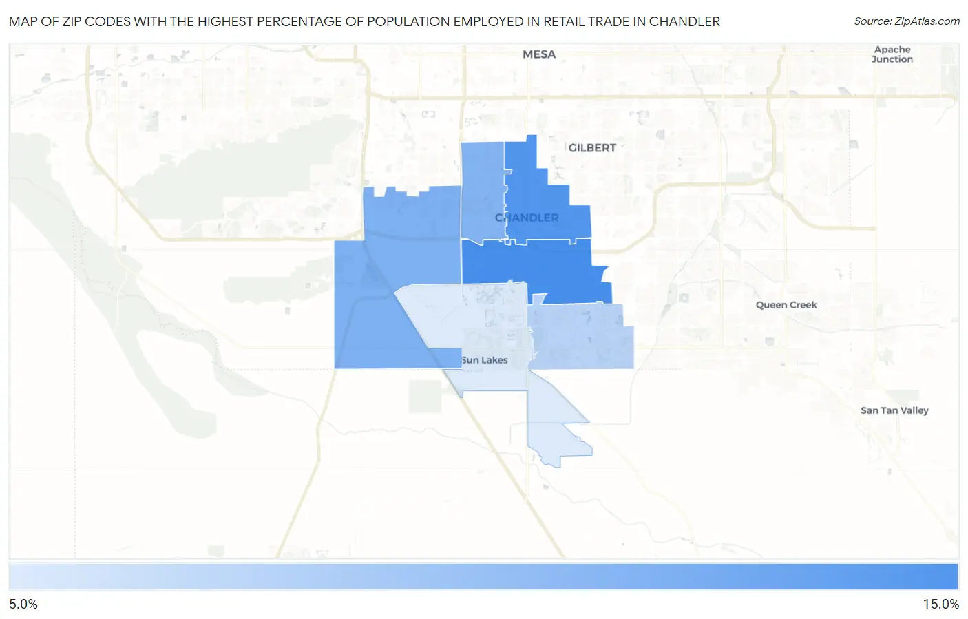 Zip Codes with the Highest Percentage of Population Employed in Retail Trade in Chandler Map