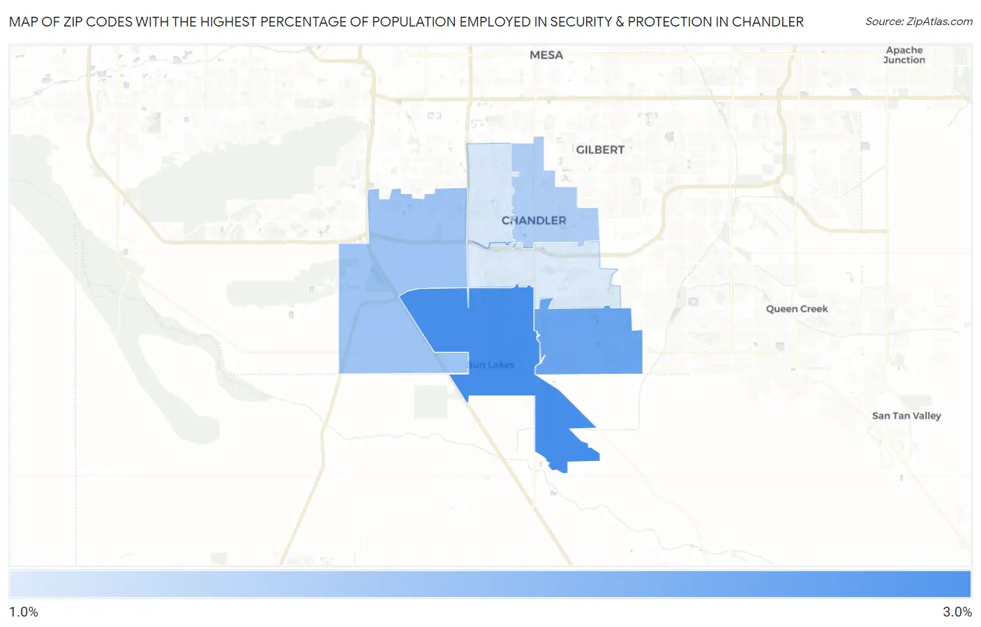 Zip Codes with the Highest Percentage of Population Employed in Security & Protection in Chandler Map