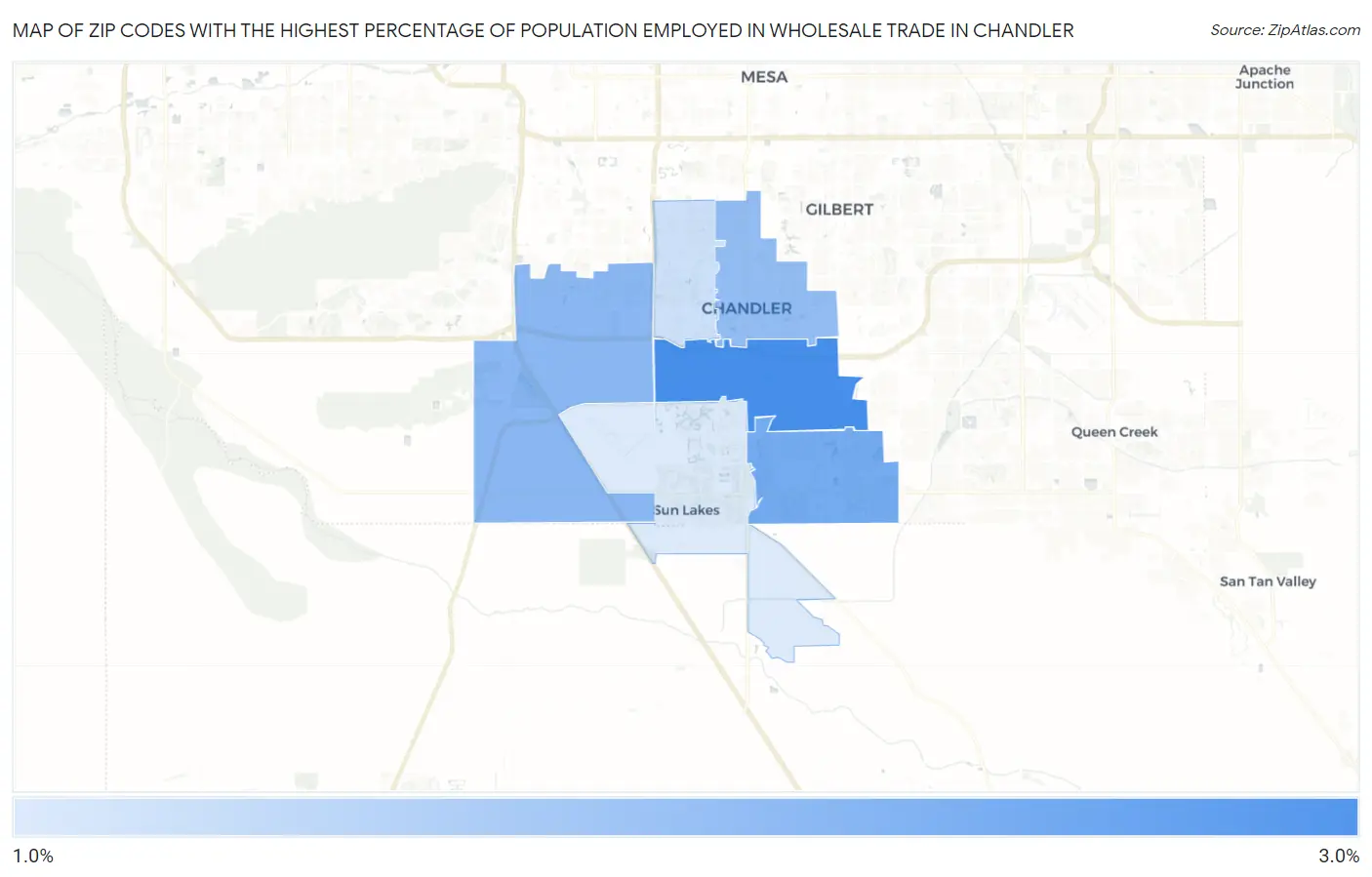 Zip Codes with the Highest Percentage of Population Employed in Wholesale Trade in Chandler Map