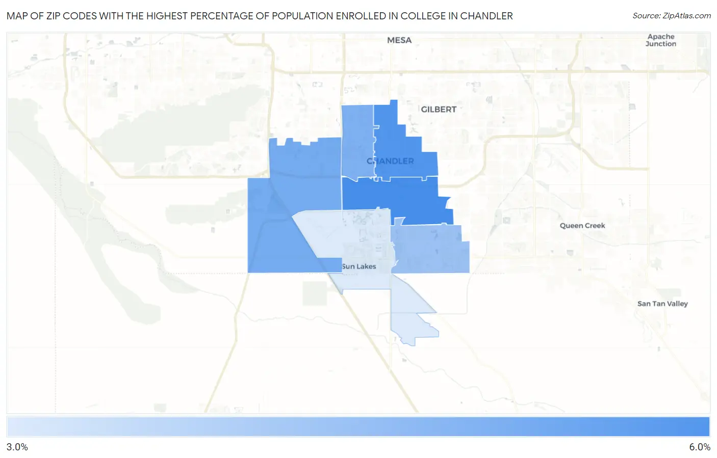 Zip Codes with the Highest Percentage of Population Enrolled in College in Chandler Map
