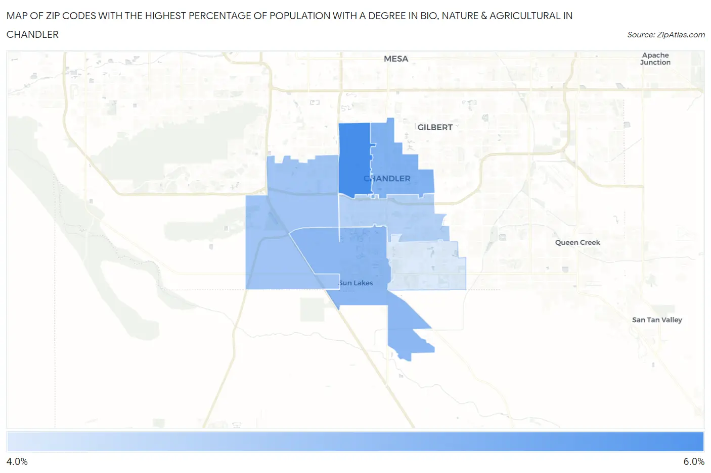 Zip Codes with the Highest Percentage of Population with a Degree in Bio, Nature & Agricultural in Chandler Map