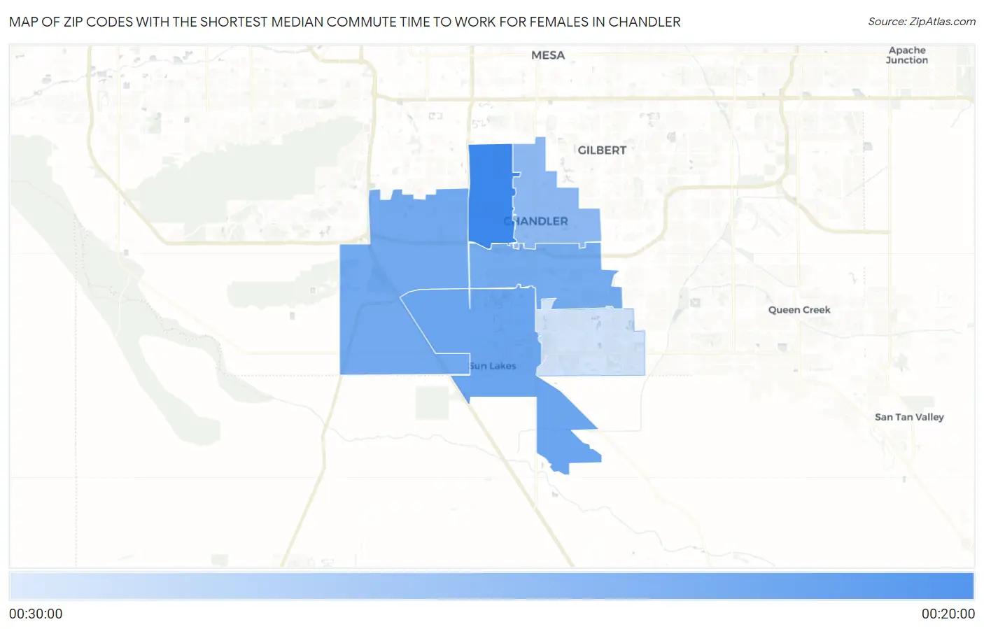 Zip Codes with the Shortest Median Commute Time to Work for Females in Chandler Map