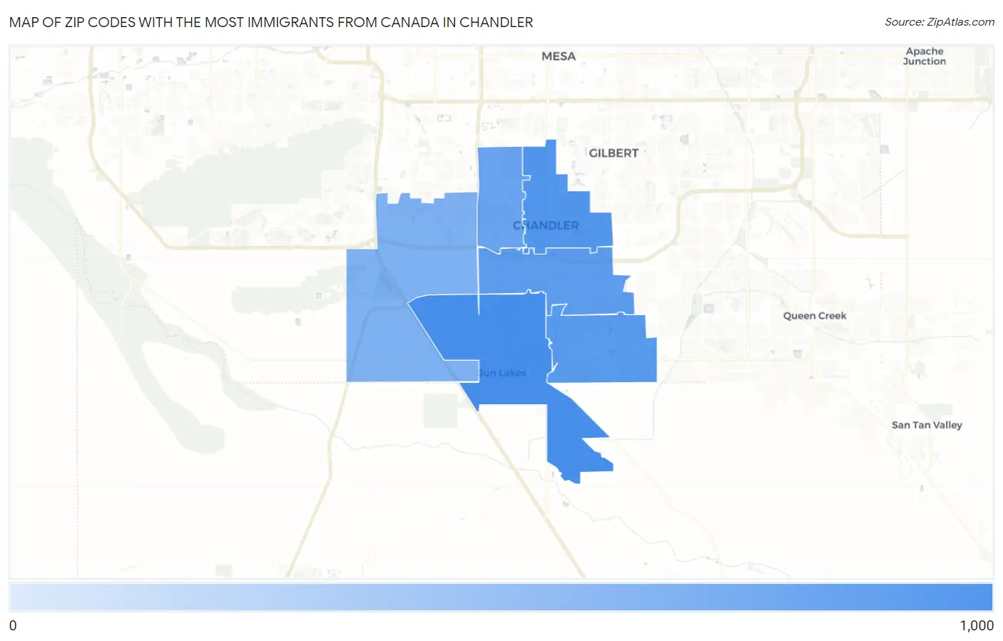Zip Codes with the Most Immigrants from Canada in Chandler Map