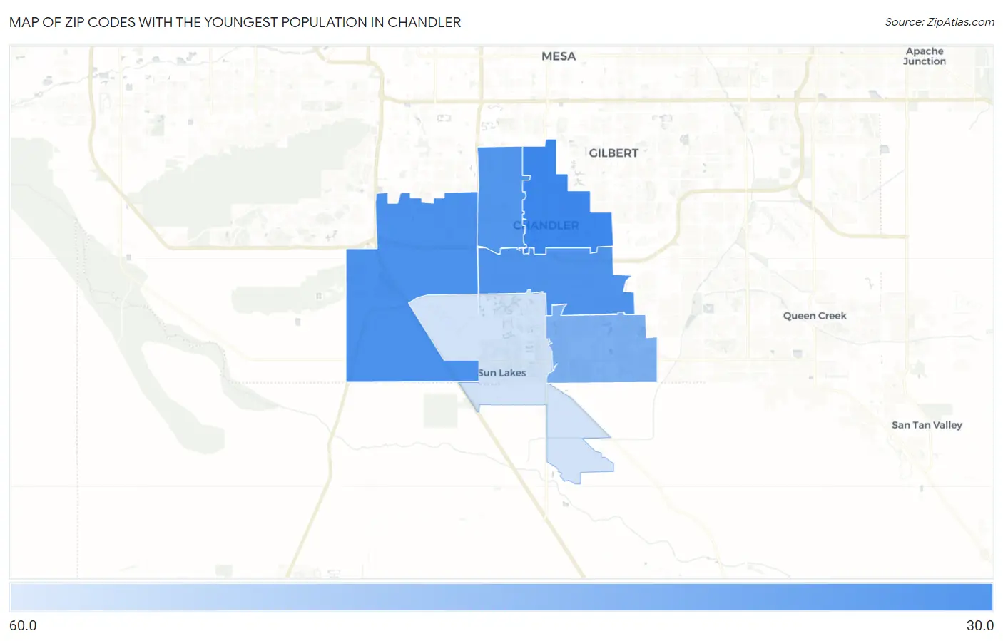 Zip Codes with the Youngest Population in Chandler Map