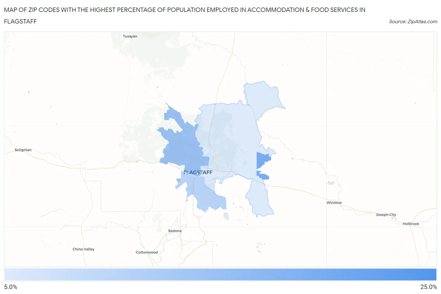 Zip Codes with the Highest Percentage of Population Employed in Accommodation & Food Services in Flagstaff Map