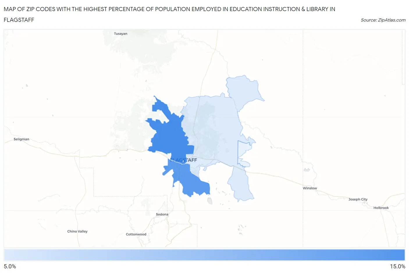 Zip Codes with the Highest Percentage of Population Employed in Education Instruction & Library in Flagstaff Map