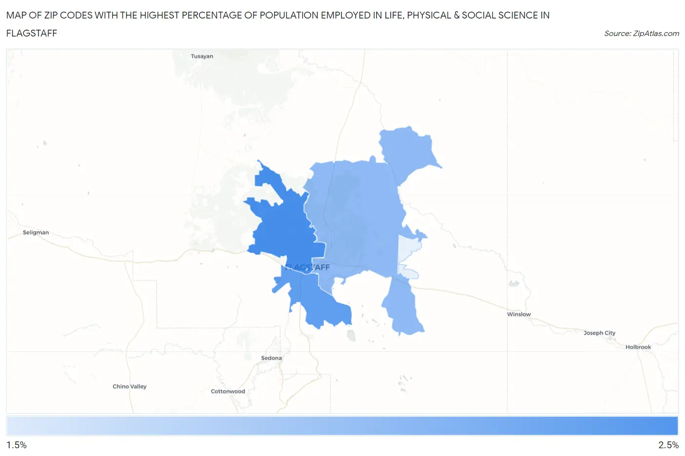 Zip Codes with the Highest Percentage of Population Employed in Life, Physical & Social Science in Flagstaff Map