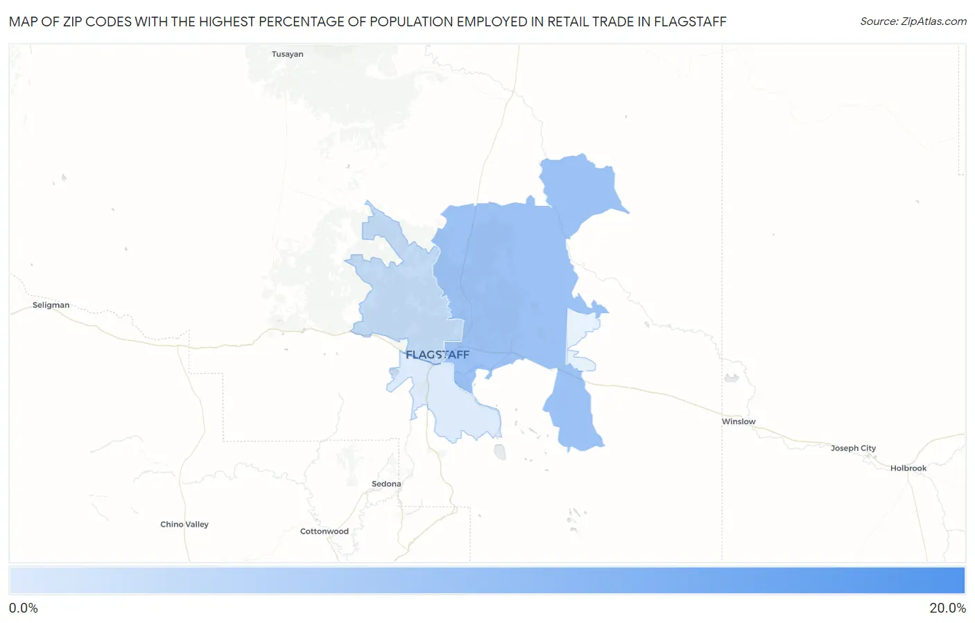Zip Codes with the Highest Percentage of Population Employed in Retail Trade in Flagstaff Map