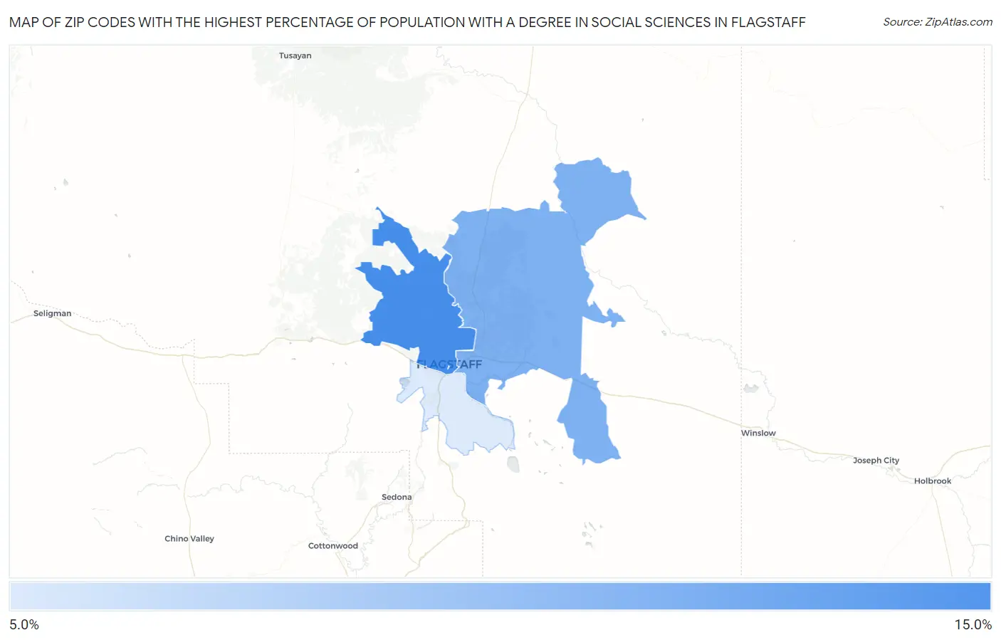 Zip Codes with the Highest Percentage of Population with a Degree in Social Sciences in Flagstaff Map