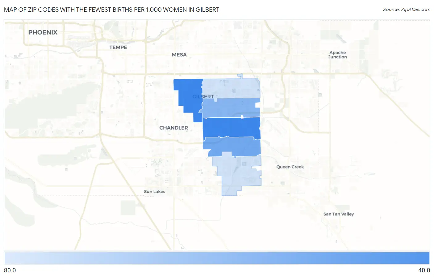 Zip Codes with the Fewest Births per 1,000 Women in Gilbert Map