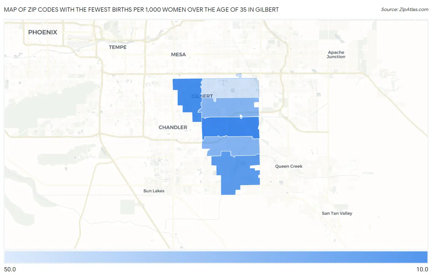Zip Codes with the Fewest Births per 1,000 Women Over the Age of 35 in Gilbert Map