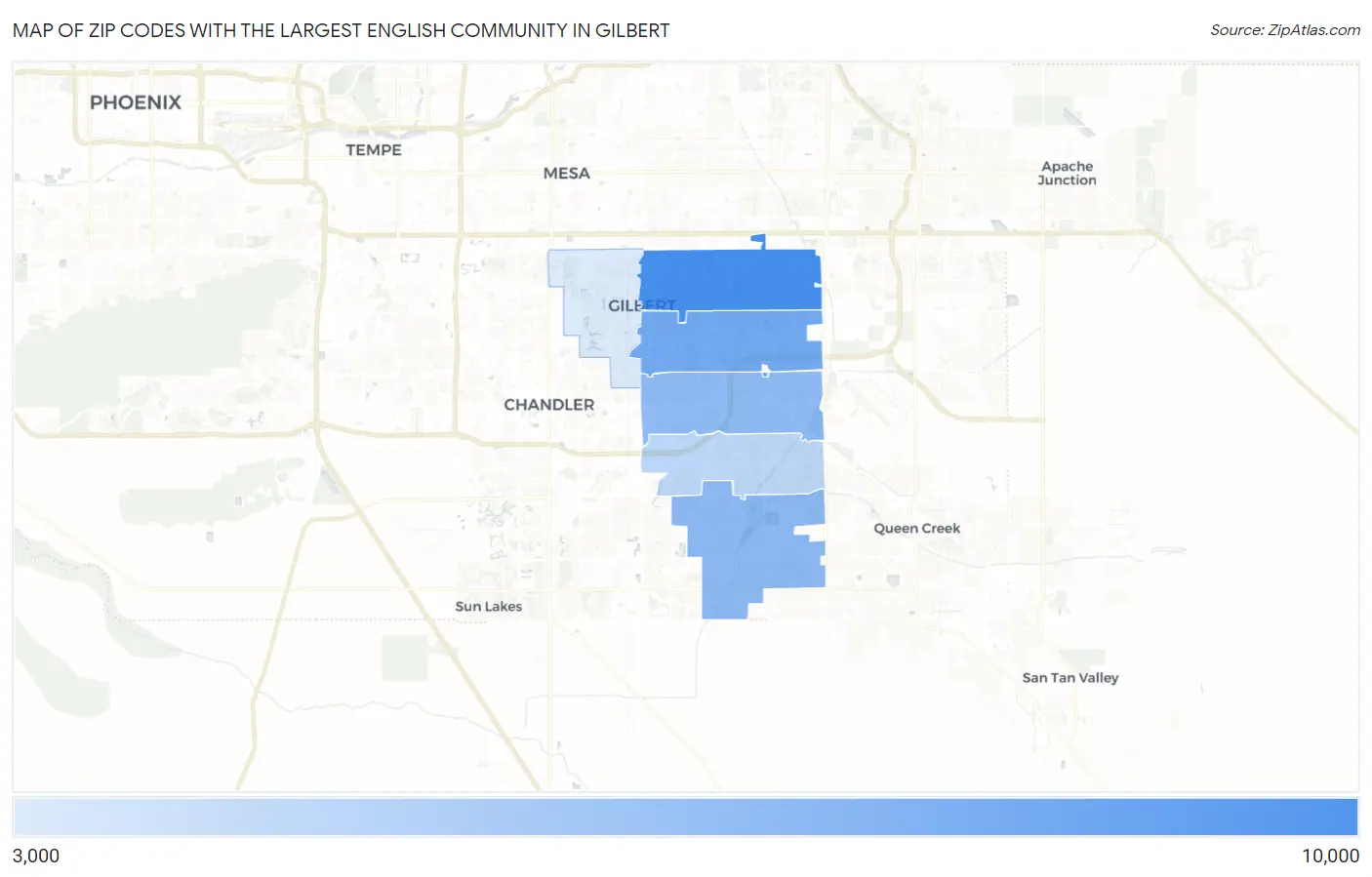 Zip Codes with the Largest English Community in Gilbert Map