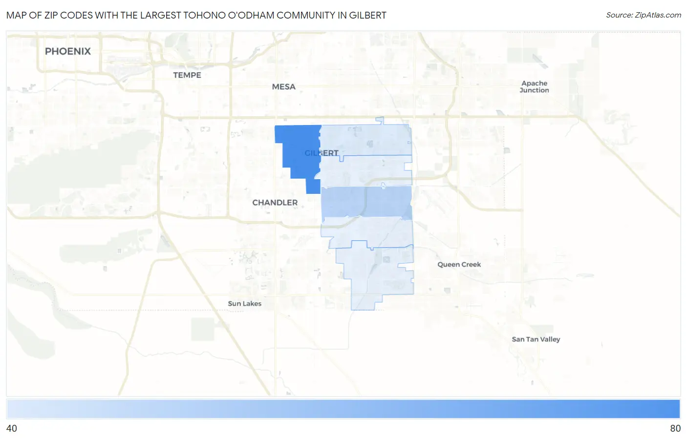 Zip Codes with the Largest Tohono O'Odham Community in Gilbert Map