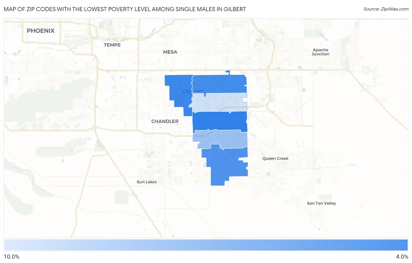 Zip Codes with the Lowest Poverty Level Among Single Males in Gilbert Map