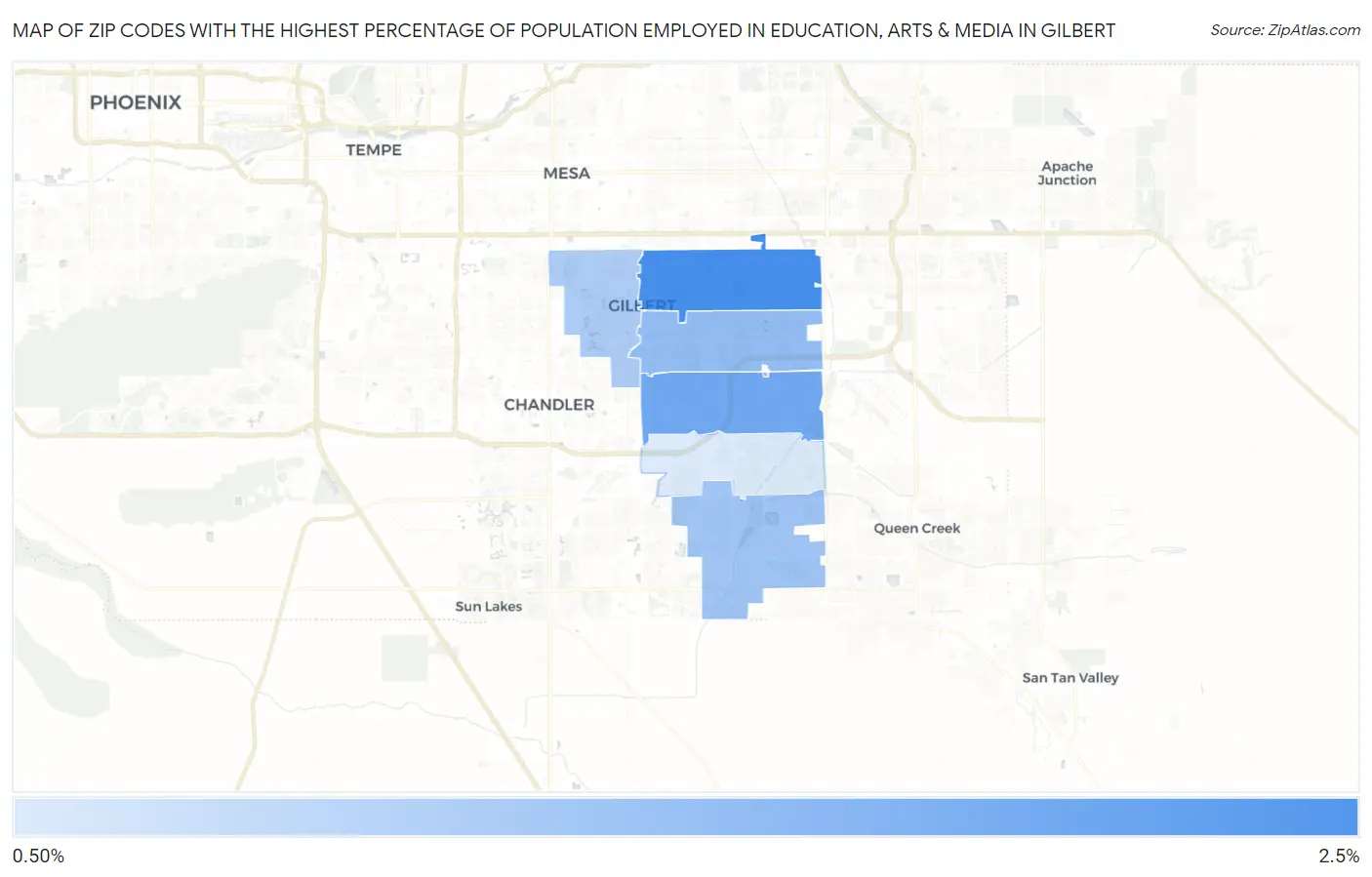 Zip Codes with the Highest Percentage of Population Employed in Education, Arts & Media in Gilbert Map