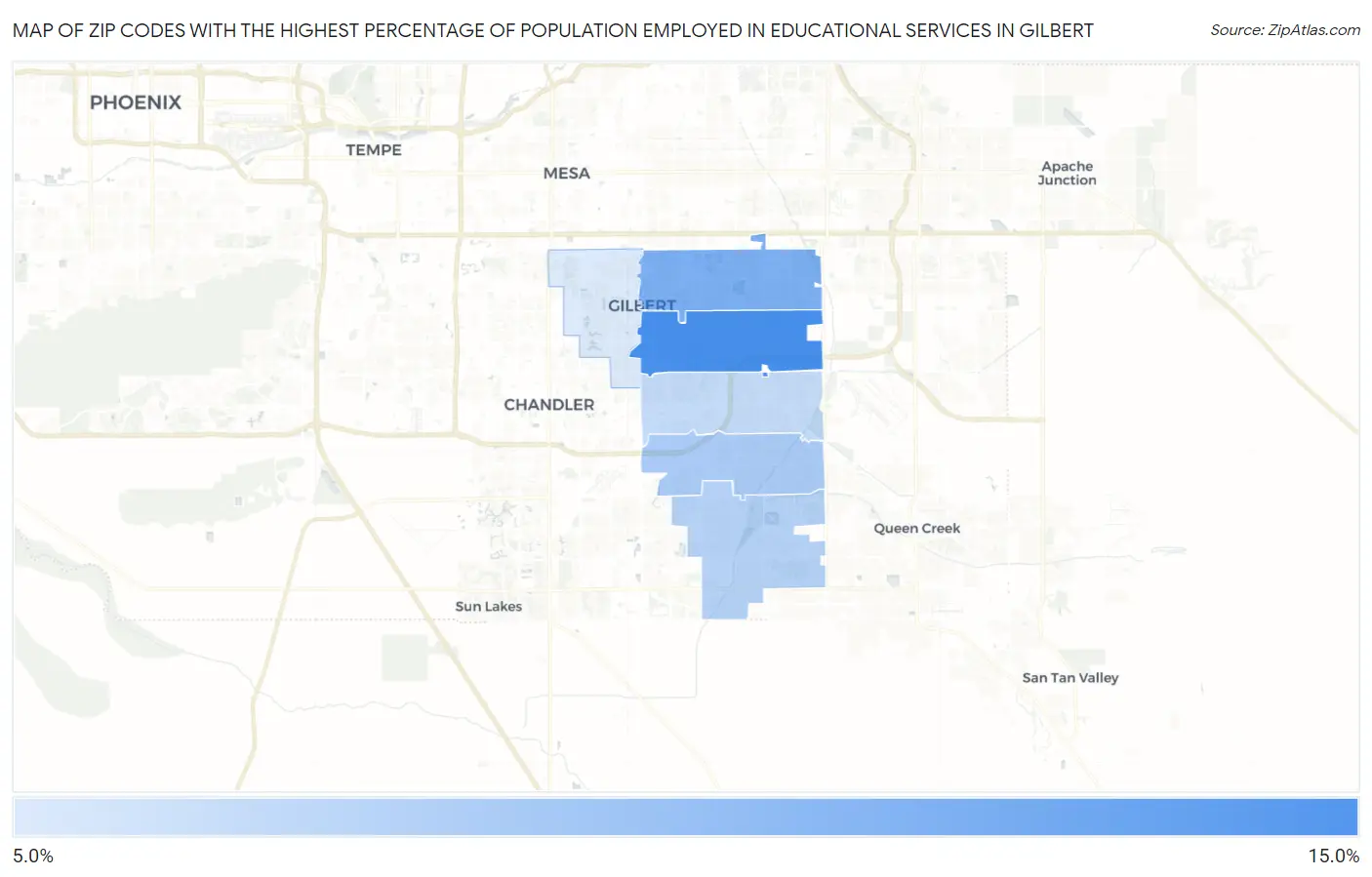 Zip Codes with the Highest Percentage of Population Employed in Educational Services in Gilbert Map