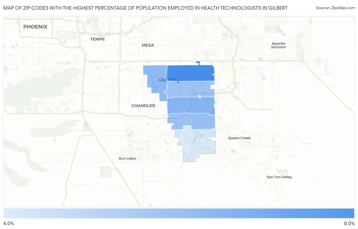 Zip Codes with the Highest Percentage of Population Employed in Health Technologists in Gilbert Map